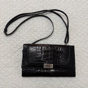 Brighton Travel The World Black Croc Embossed Leather Clutch Crossbody Bag